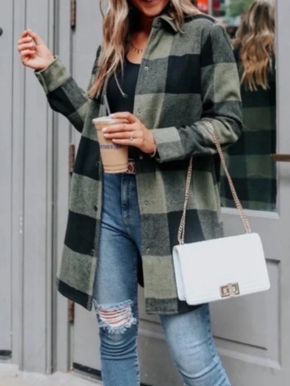 Steve Madden Shacket Long Structured Plaid Snap Jacket